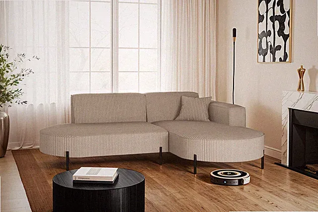 Ecksofa, Sofa L-Form Designer Modena Rein stoff Poso Dunkelbeige Rechts