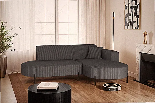Ecksofa, Sofa L-Form Designer Modena Rein stoff Poso Graphit Rechts