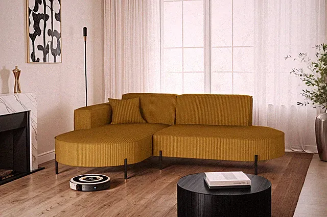 Ecksofa, Sofa L-Form Designer Modena Rein stoff Poso Senffarbe Links