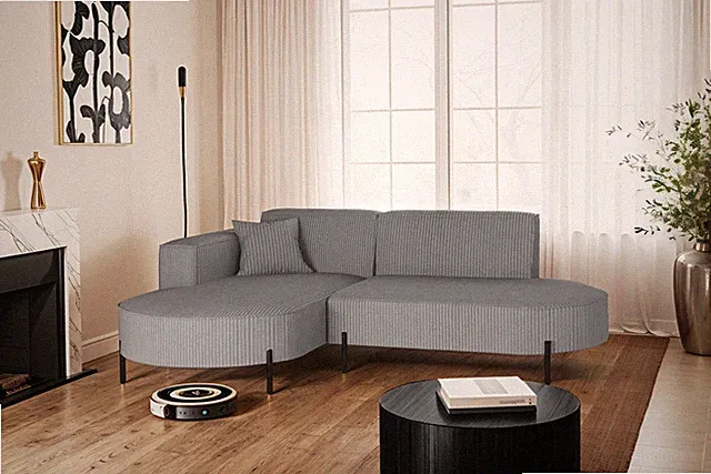 Ecksofa, Sofa L-Form Designer Modena Rein stoff Poso Silber Links