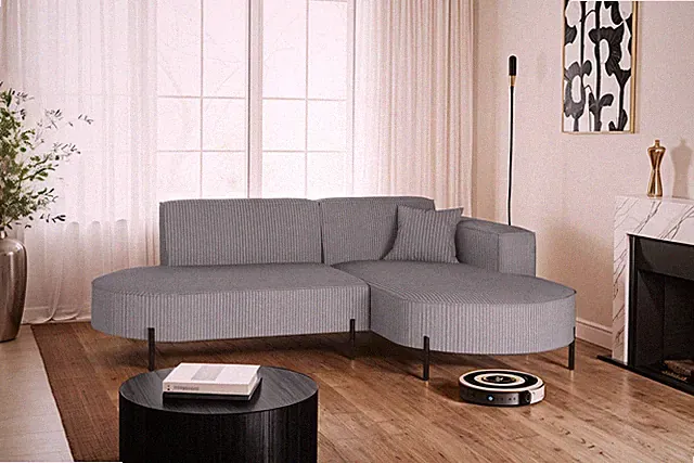 Ecksofa, Sofa L-Form Designer Modena Rein stoff Poso Silber Rechts