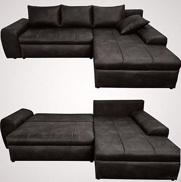 Ecksofa Vintage Schlafsofa Eckcouch L-Sofa mit Ottomane u. Bettkasten in Schwarz