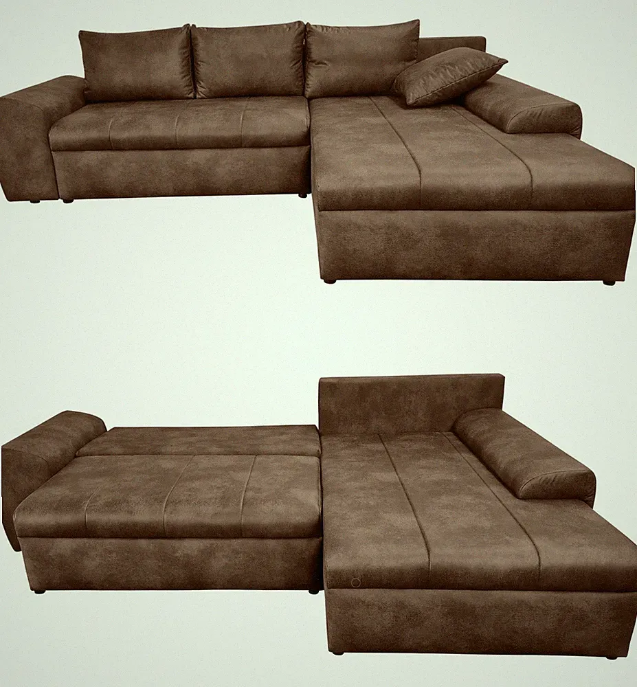 Ecksofa Vintage Schlafsofa Eckcouch L-Sofa mit Ottomane und Bettkasten in Braun
