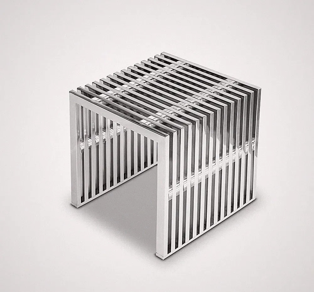 Edelstahl Hocker Sitzhocker Cube Minimalist mit Acrylglas Distanz Würfeln 15 kg