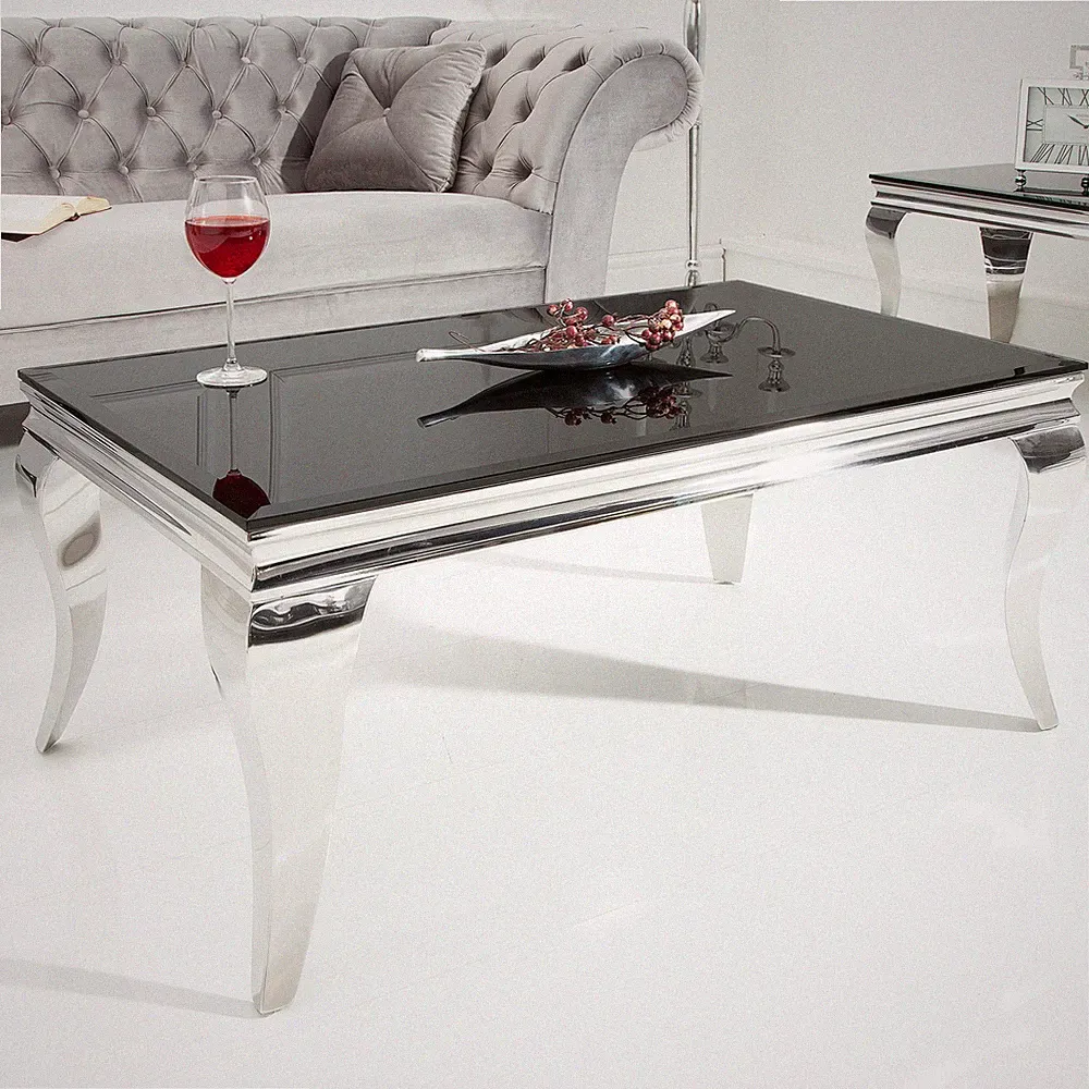 Edler Couchtisch MODERN BAROCK 100cm silber Edelstahl Wohnzimmertisch Opalglas