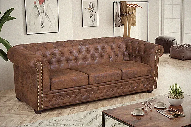 Edles Chesterfield Sofa 3 Sitzer in Mikrofaser Vintage braun Couch Polstersofa