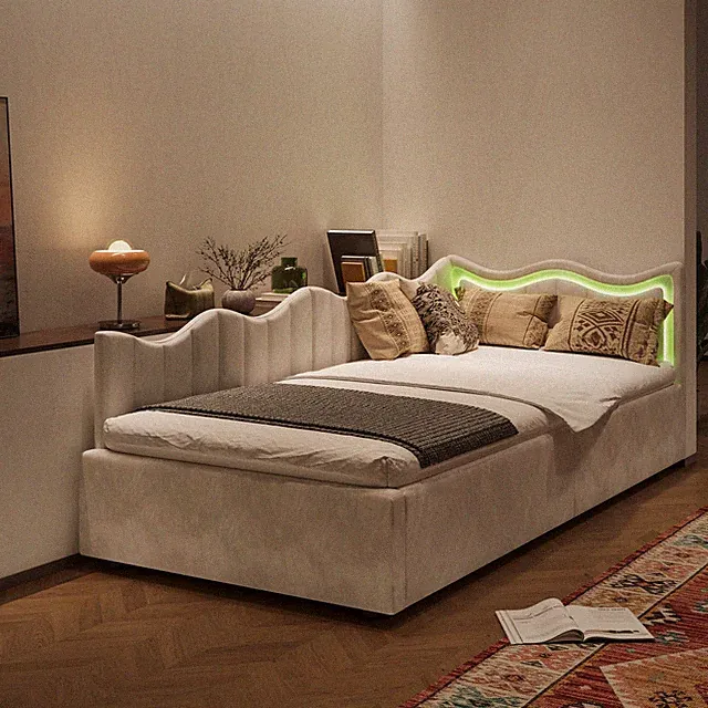 Einzelbett Schlafsofa 90x200 cm Kinderbett LED Lattenrost Boxspringbett Stauraum