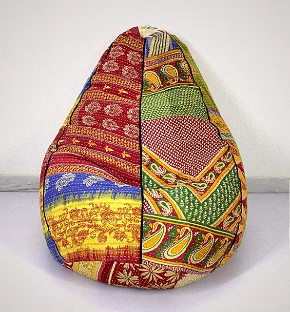 Einzigartiger handgefertigter runder Pouf Sitzsack Baumwolle Blumen Kantha Bo...