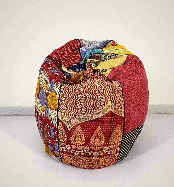 Einzigartiger handgefertigter runder Pouf Sitzsack Baumwolle Blumen Kantha Bo...