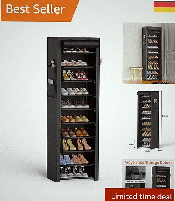 Elegant Schwarzes Schuhregal mit 11 Ebenen - Staubschutz für 20-22 Paar Schuhe
