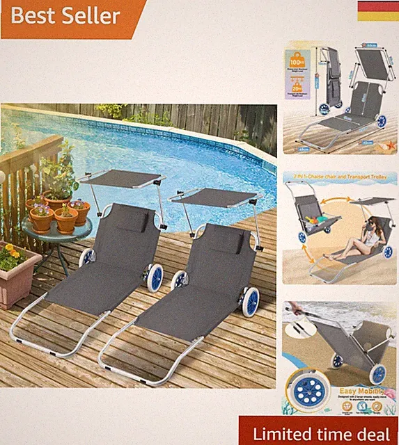 Elegante 2X Aluminium Sonnenliege, faltbar mit Dach und Rollen für den Garten