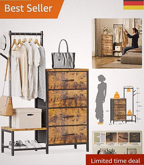 Elegante 3-in-1 Kommode mit 4 Stoffschubladen und Kleiderständer in Retro-Farben