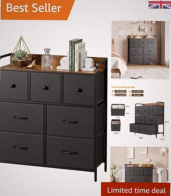 Elegante Kommode mit 7 Schubladen und Holzplatte - Schwarz Moderne Aufbewahrungslösung