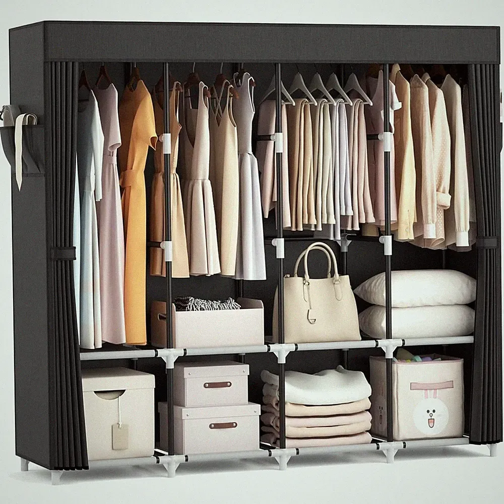 Eleganter 170x45x167 cm Kleiderschrank, Faltbar mit 4 Ablagen und Kleiderstangen