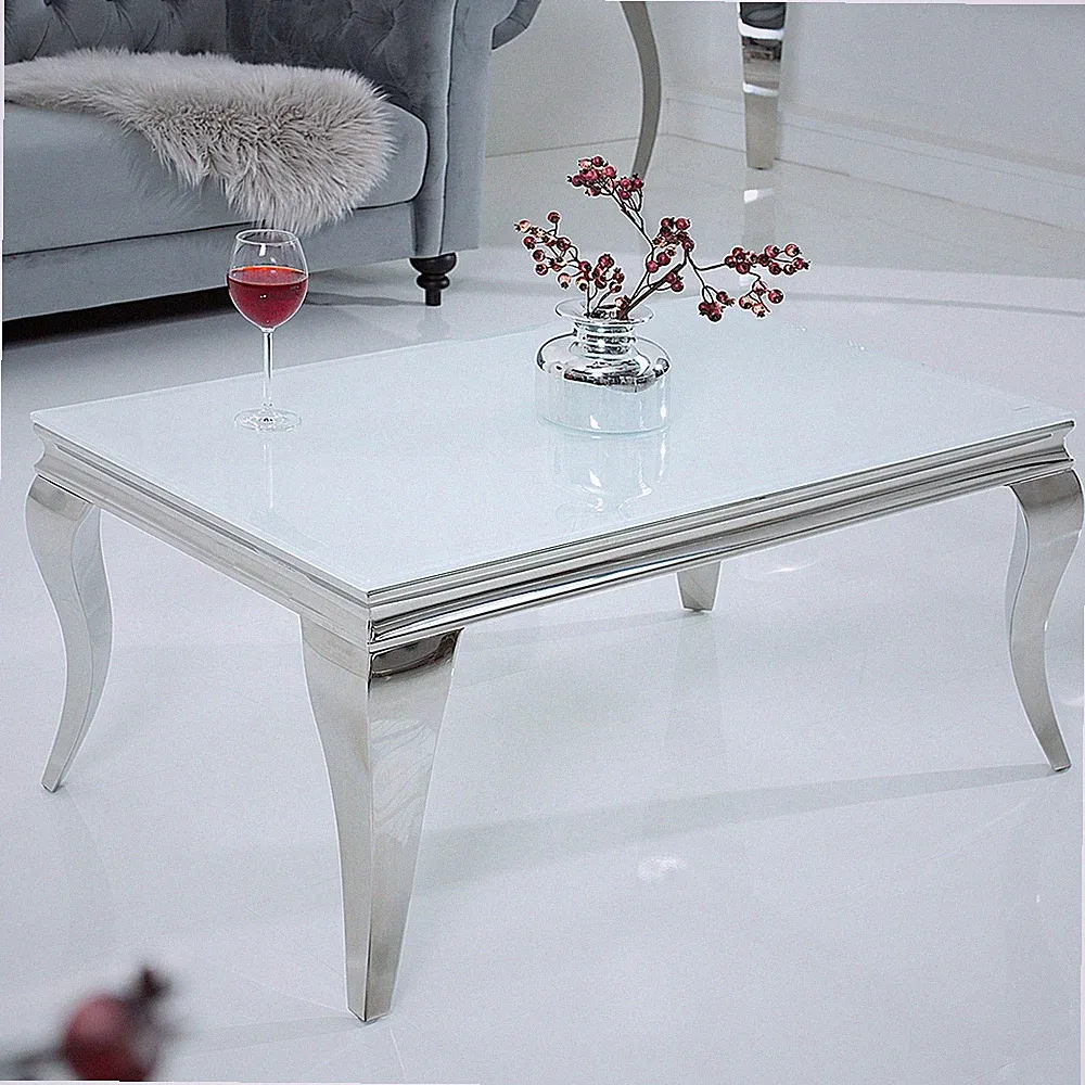 Eleganter Couchtisch MODERN BAROCK 100cm silber mit weißem Opalglas Sofatisch