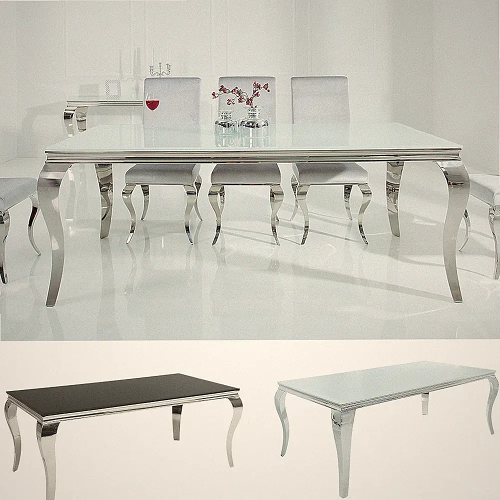 Eleganter Design Esstisch MODERN BAROCK 200cm weiß Edelstahl Opalglas Tischplatt