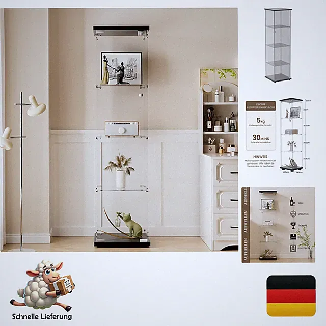 Eleganter Vitrinenschrank mit 4 Regalen – Modernes Design in Schwarz, 164cm hoch