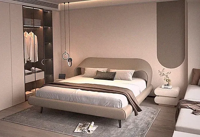 Elegantes Bett Grau Kurvendesign Polster Minimalistisch Schlafzimmer Bett