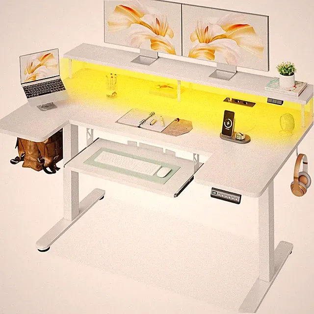 Elektrisch höhenverstellbarer U‑Schreibtisch 140x74cm Weiß mit Monitorhalter