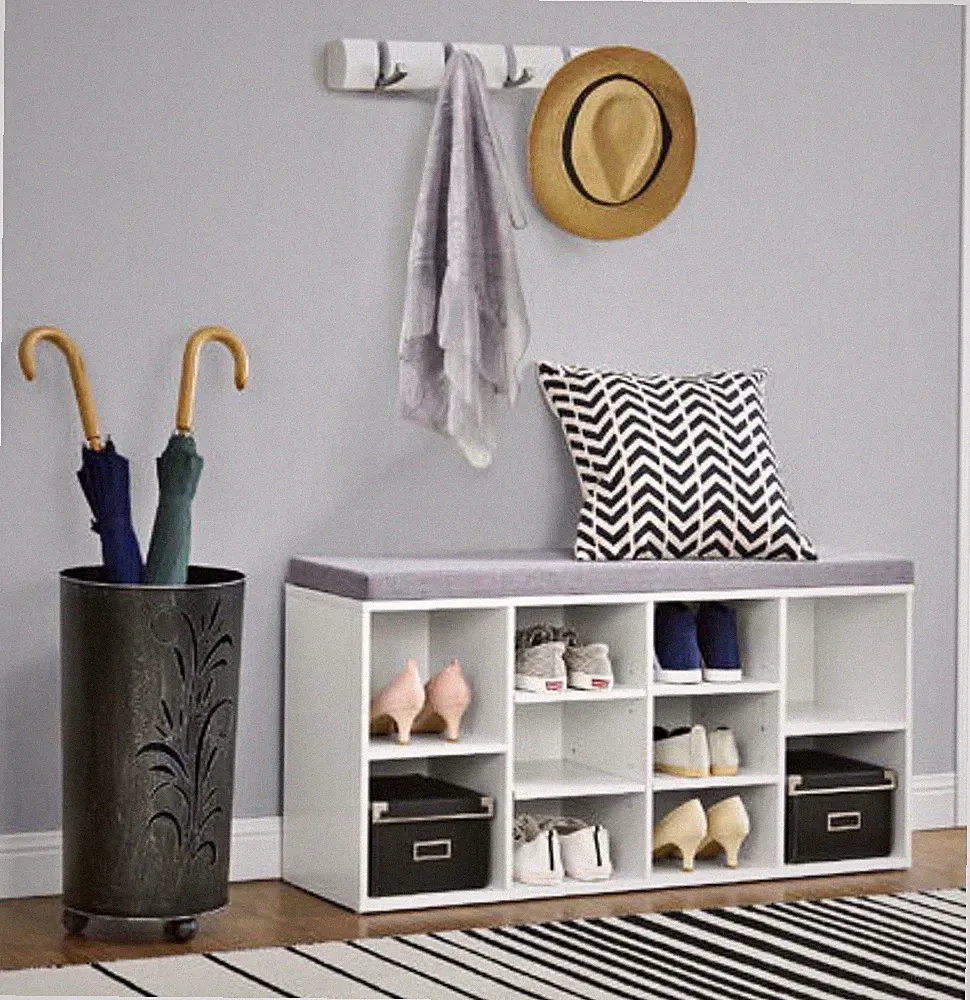 en.casa Schuhbank mit gepolsterter Sitzfläche 10 Fächer 103x30x48 Weiß/Grau