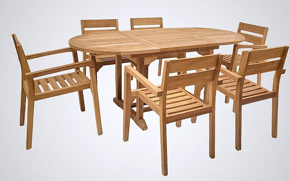 Endorphin Gartenmöbel Set 7tlg. Teakholz, Tisch oval 180cm 6 Stühle stapelbar