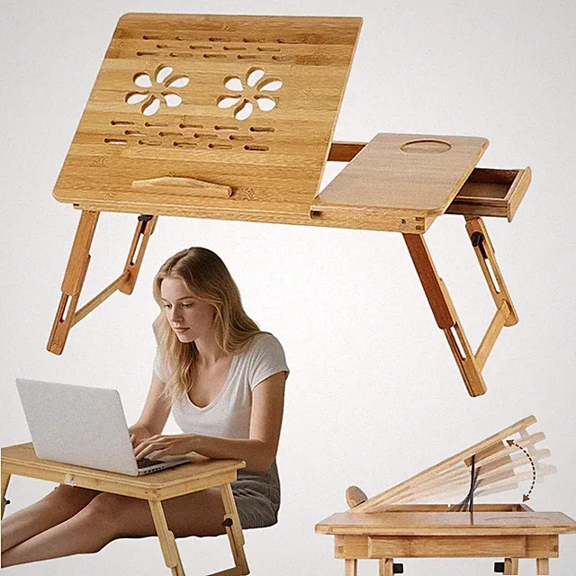 Ergonomischer Bambus Laptoptisch mit Schublade klappbar für Bett und Sofa