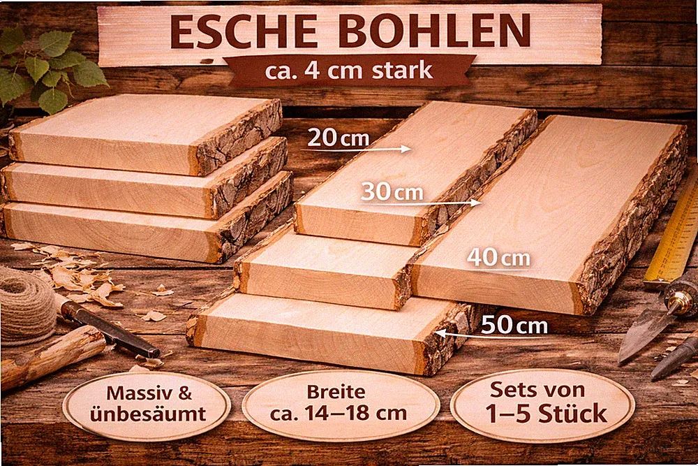Esche Bohle 4 cm stark unbesäumt mit Rinde | 20–50cm Länge DIY Möbel Regale Deko