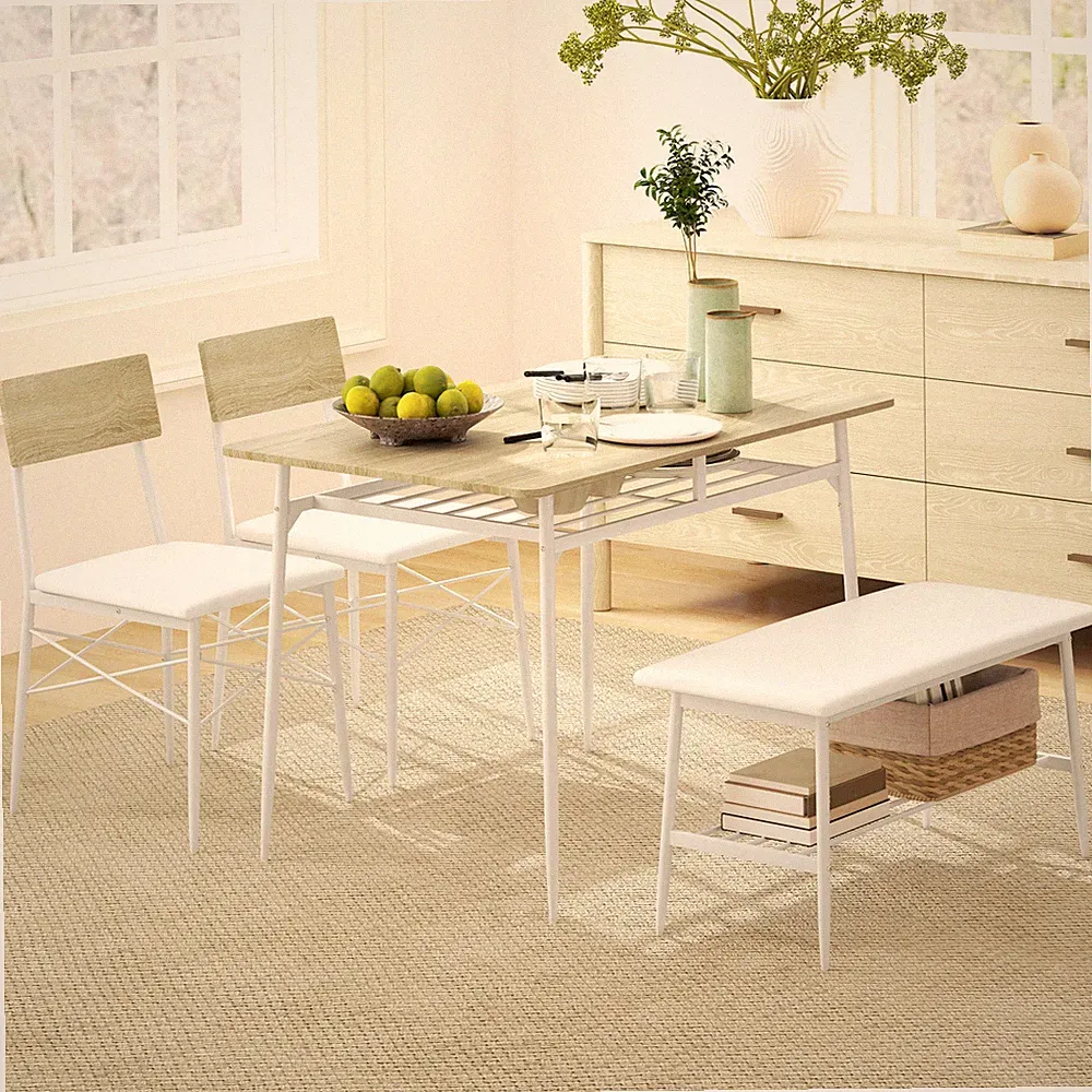 Essgruppe 4er-Set, Esstisch mit Bank und 2 Stühlen, Küchentisch-Set Refurbished