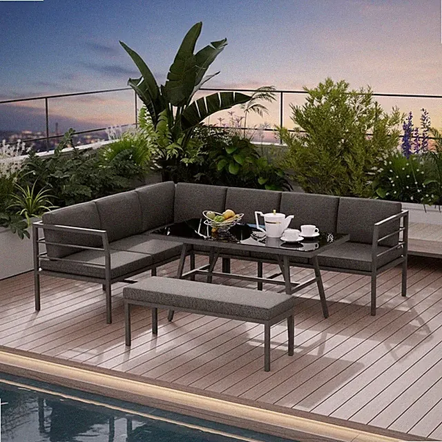 Essgruppe Aluminium Lounge Ecksofa mit Sitzbank Grau Tisch wetterfest