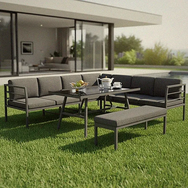 Essgruppe Aluminium Lounge Ecksofa mit Sitzbank Tisch Grau wetterfest ☀️