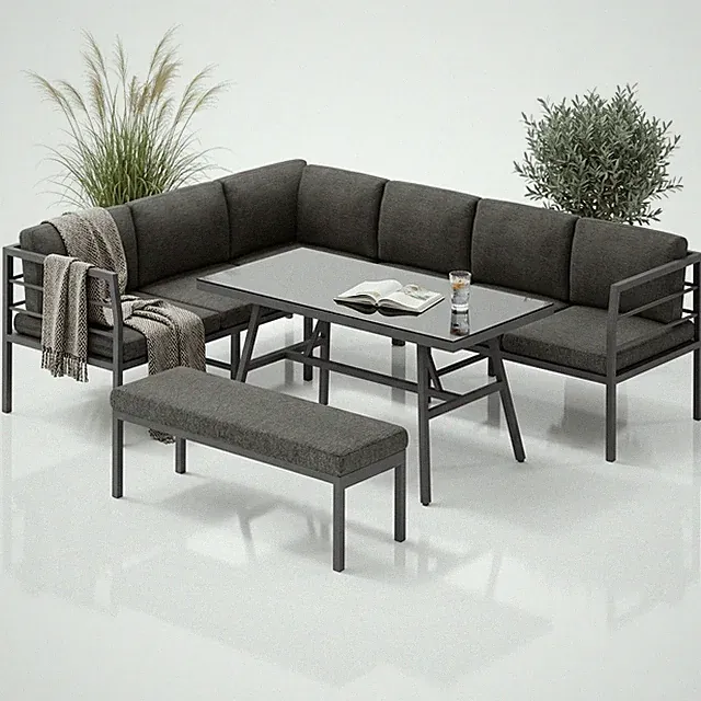 Essgruppe Aluminium Lounge Ecksofa mit Sitzbank wetterfest Grau Tisch