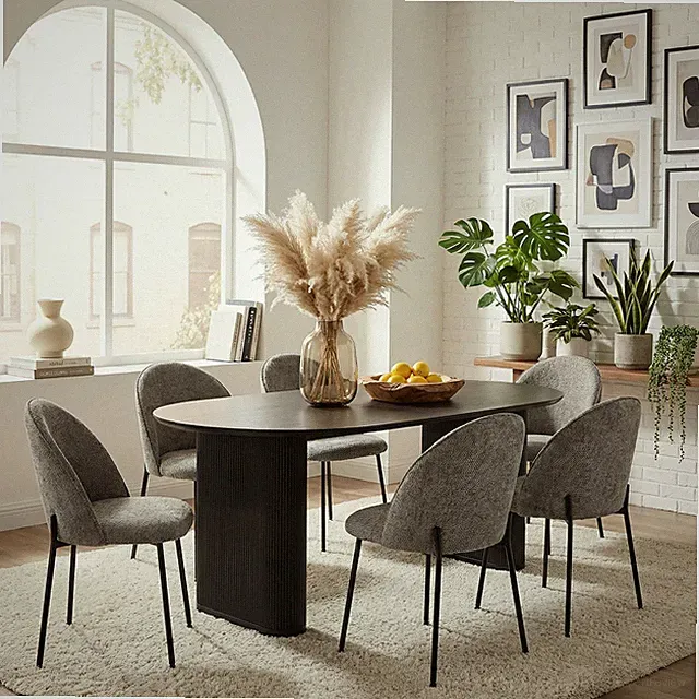 Essgruppe mit 6 Stühlen Esstisch oval 200 x 100 cm modern Schwarz/Grau