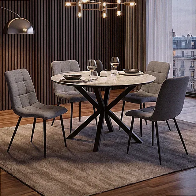 Essgruppe rund 5-tlg. | Esstisch + 4 Leinen Polsterstühle Grau | Homestyle4u