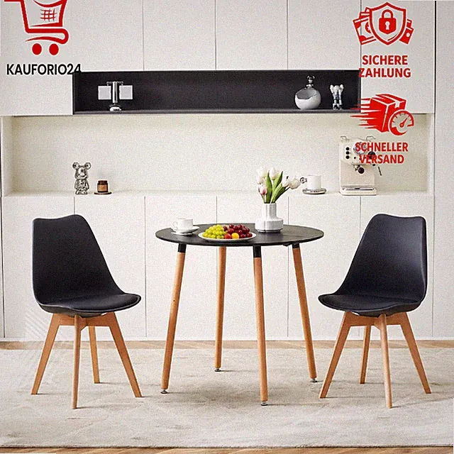 Essgruppe Runder Küchentisch 80cm MDF Schwarz mit 2 Stühlen für Esszimmer Balkon