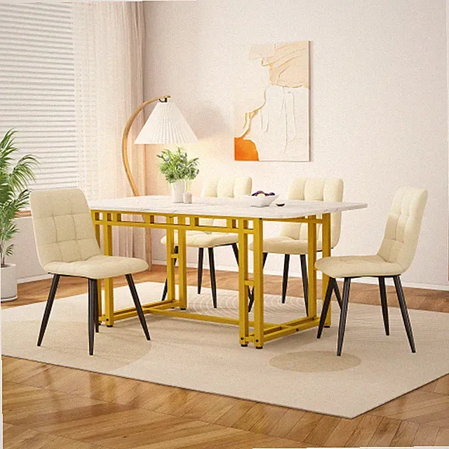 Esstisch 120x70cm Modern Weiß mit goldenen Metallbeinen Luxus Esstisch kompakt