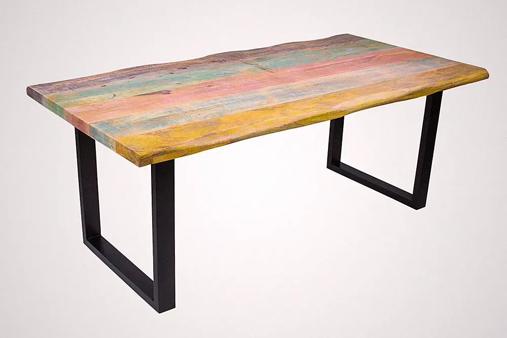 Esstisch Baumkante 160 x 85 cm Mango massiv Bunt U-Gestell Schwarz LIBRO