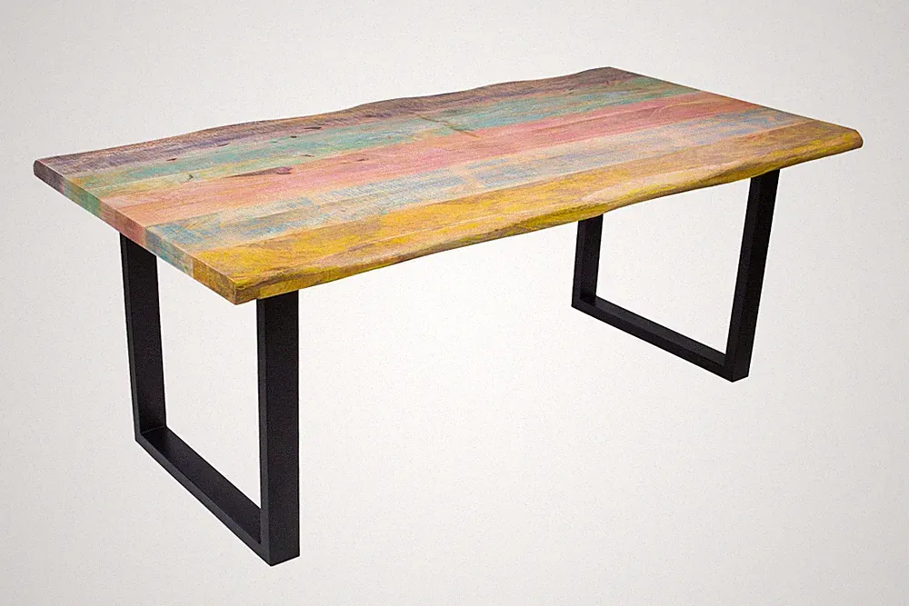 Esstisch Baumkante 180 x 90 cm Mango massiv Bunt U-Gestell Schwarz LIBRO