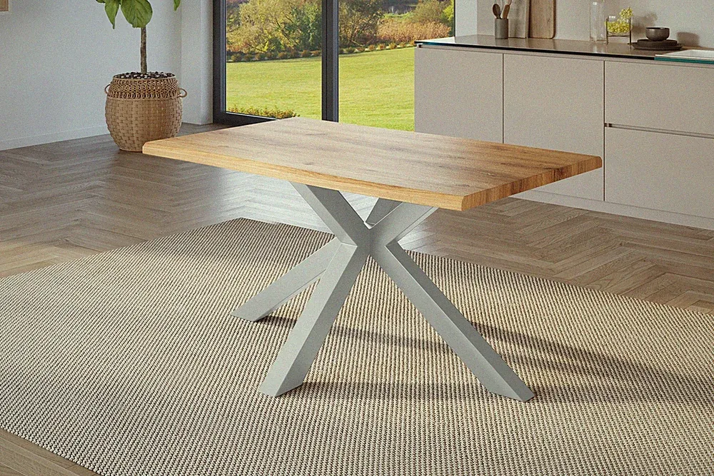 Esstisch Baumkante Holz-Optik Wildeiche 120 x 80 Spider-Gestell silber JULIUS
