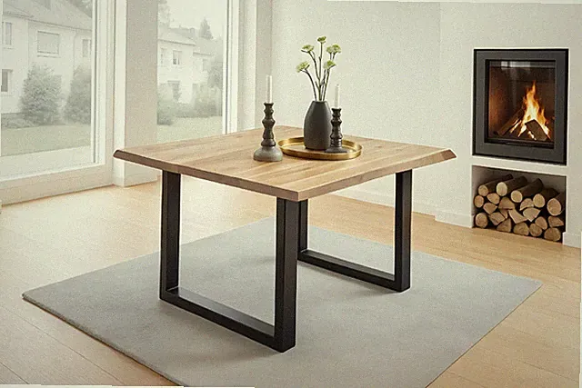 Esstisch Baumkante massiv Akazie eichefarben 80 x 80 schwarz NIAH