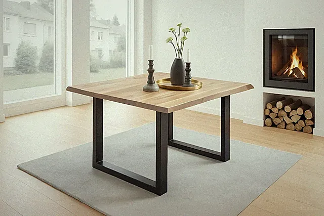 Esstisch Baumkante massiv Akazie eichefarben 90 x 90 schwarz NIAH