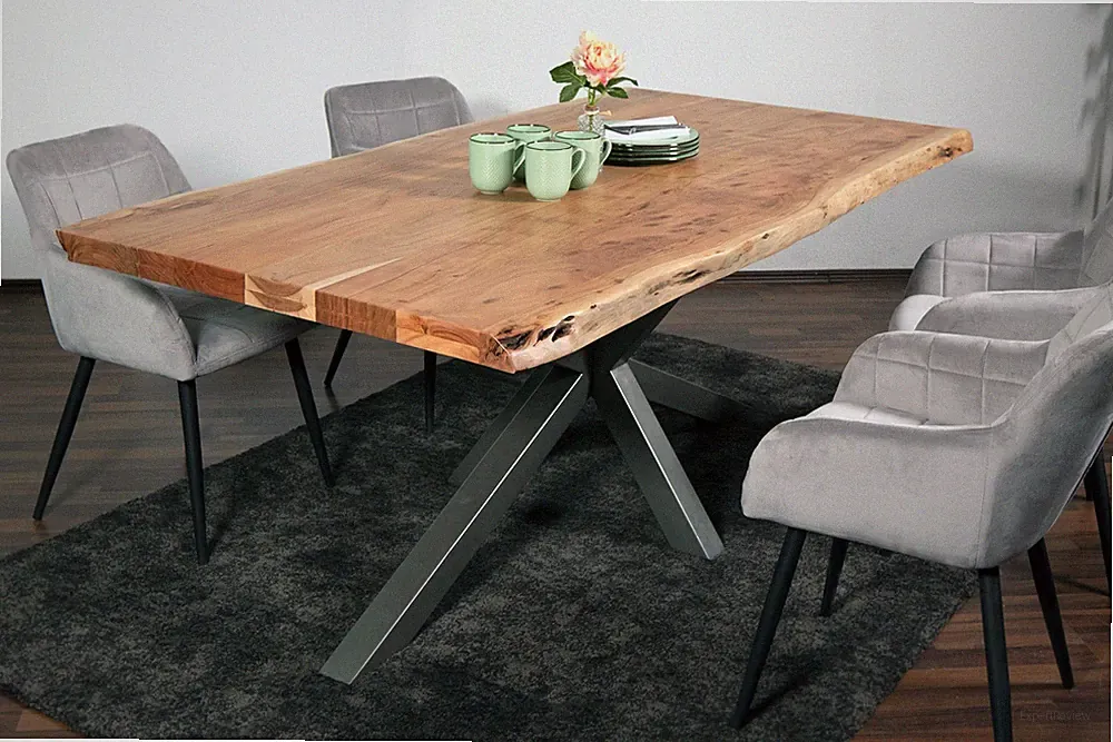 Esstisch Baumkante massiv Akazie Natur 280 x 120 Spider-Gestell silber CALI