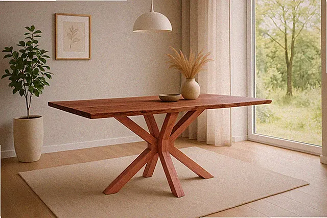 Esstisch Baumkante massiv Akazie nussbaum 160 x 85 cm Spider-Gestell Holz nussba