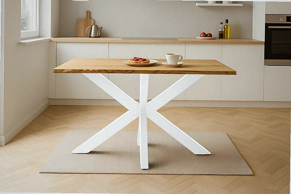 Esstisch Baumkante massiv Eiche geölt 180 x 90 cm Spider-Gestell weiß SALVADOR