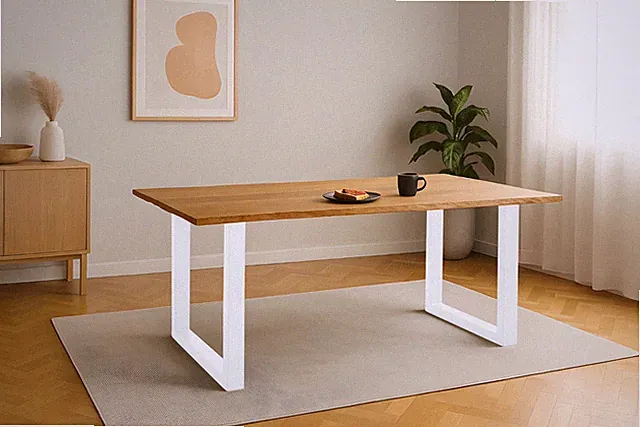 Esstisch Baumkante massiv Eiche geölt 200 x 100 cm U-Gestell weiß SALVADOR