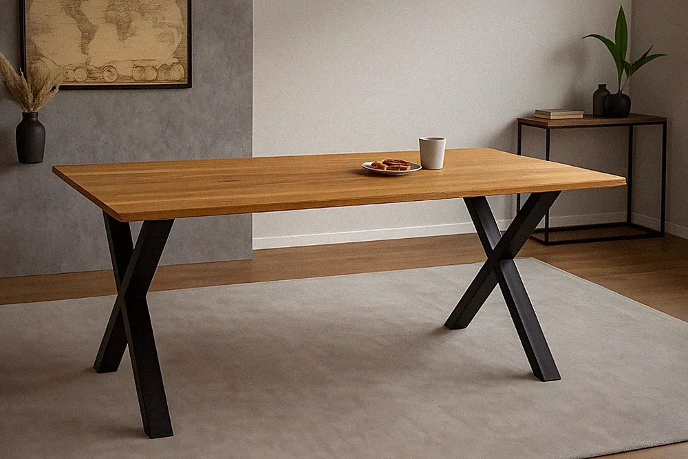 Esstisch Baumkante massiv Eiche geölt 200 x 100 cm X-Gestell schwarz SALVADOR
