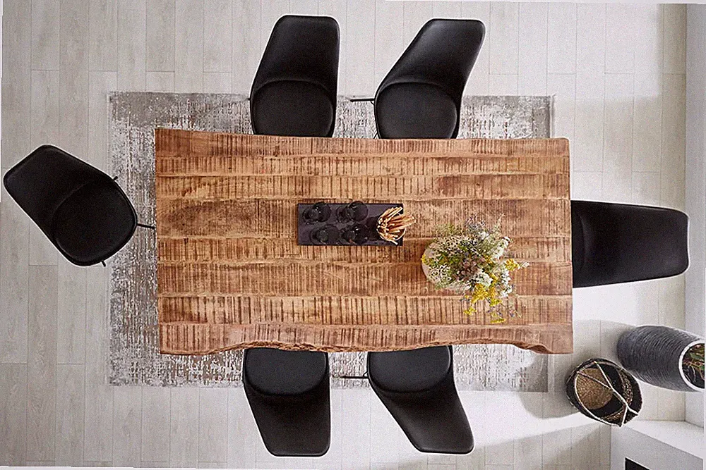 Esstisch Baumkante Massiv Mango naturfarben 140 x 80 schwarz V-Gestell DORA