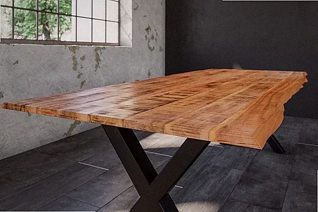 Esstisch Baumkante Massiv Mango naturfarben 240 x 100 schwarz X-Gestell DORA
