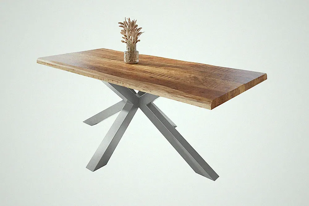Esstisch Baumkante massiv Mango rough 180 x 90 Spider-Gestell silber ATLAS