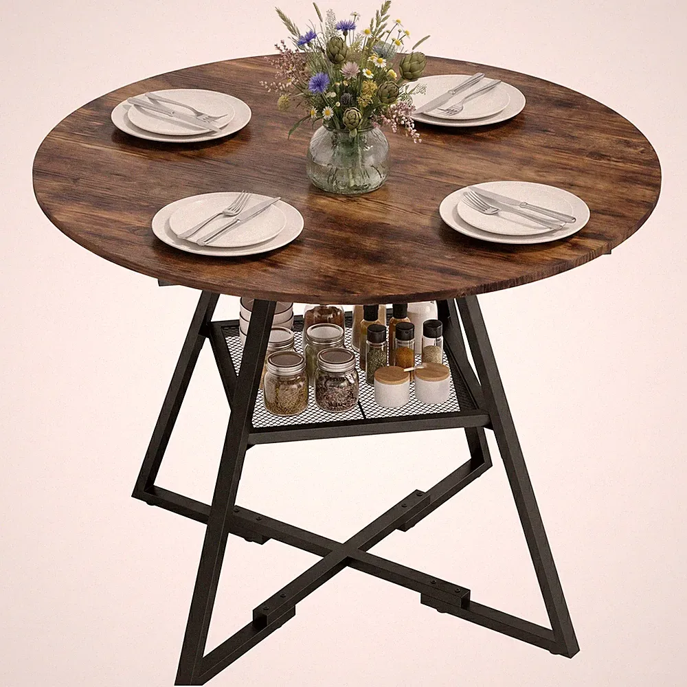 Esstisch für 4 Personen – rund 100cm, Industriedesign, Ablage, Holzoptik, Braun