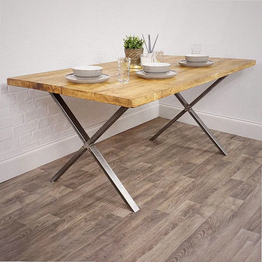 Esstisch Holz massiv Küche Eiche Stil Möbel Metall X Stil Stahlbeine